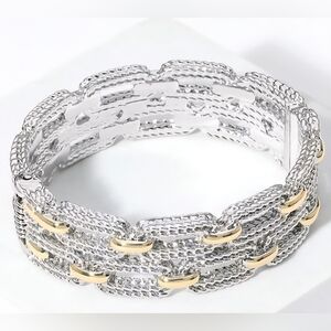 Two Tone Double Layered Textured Link Hinged Bangle Bracelet